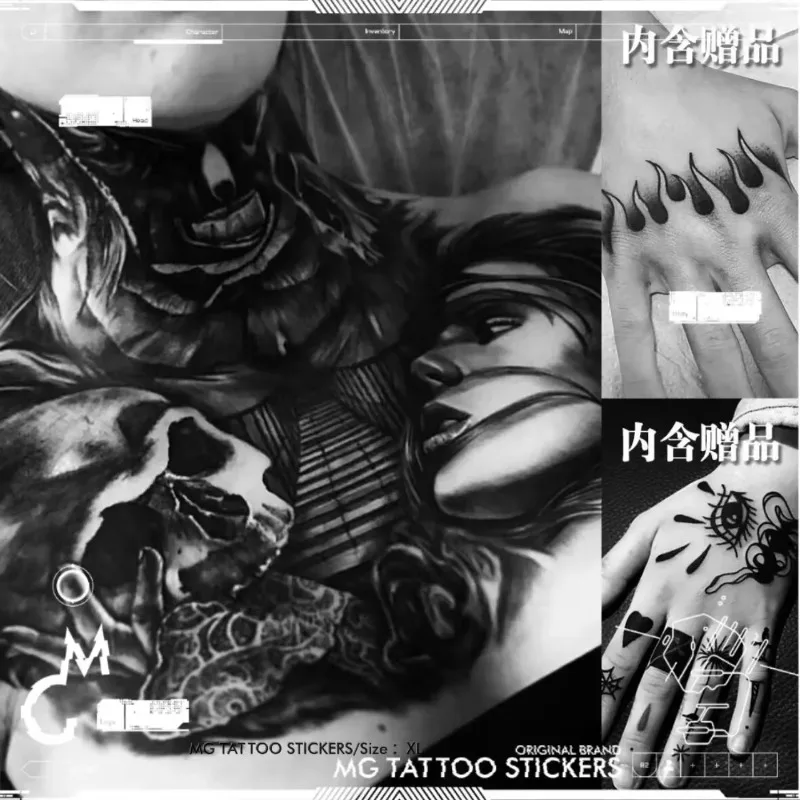 Pegatinas de tatuaje de calavera Punk, tatuajes temporales de arte duradero, impermeables, cuello, pecho, esqueleto, bandas de tatuaje, tatuaje falso de Hip Hop