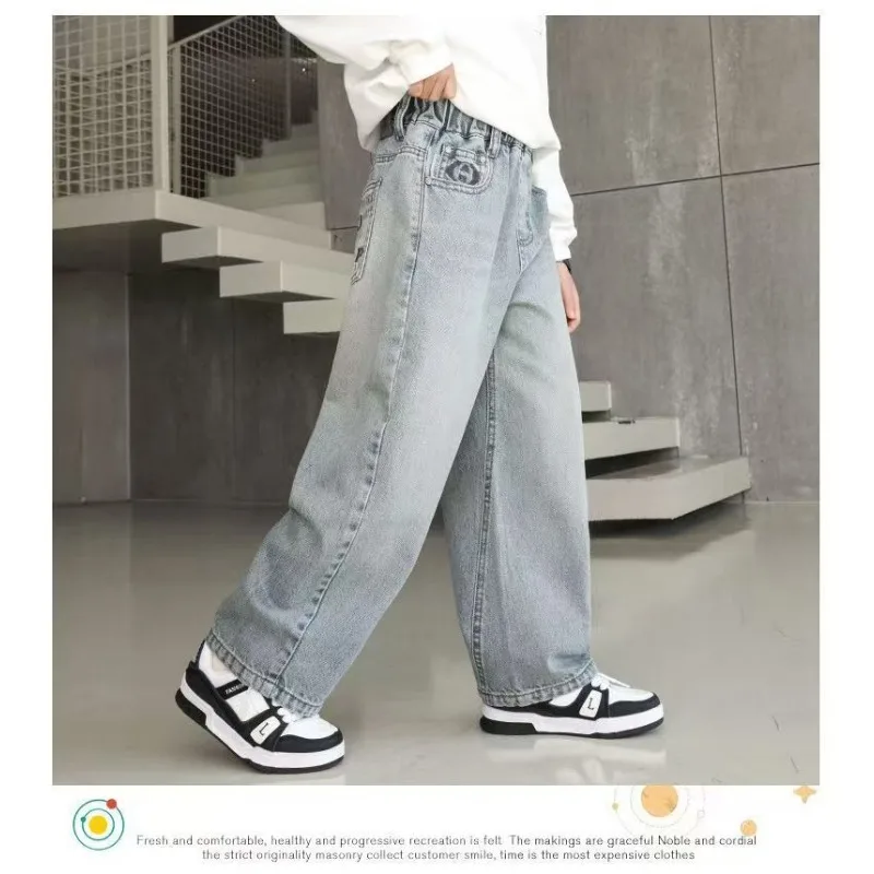 Herbst Kinder Jeans UNITIM 4-14 Jahre Jungen Denim-Hosen mit Schriftzetteltasche Lose Elastische Taille Junior Jungen Gerade Hosen Teenager Jungen Hose – Detail 12