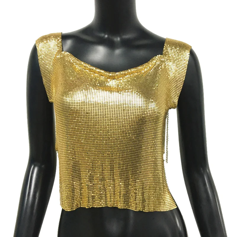 Kobiety Metal Sequins Crop Tops Sexy Hollow Out Sleeveless Backless Y2k Tank Tops Nightclub Party Rave Festival Camisole 2025 New