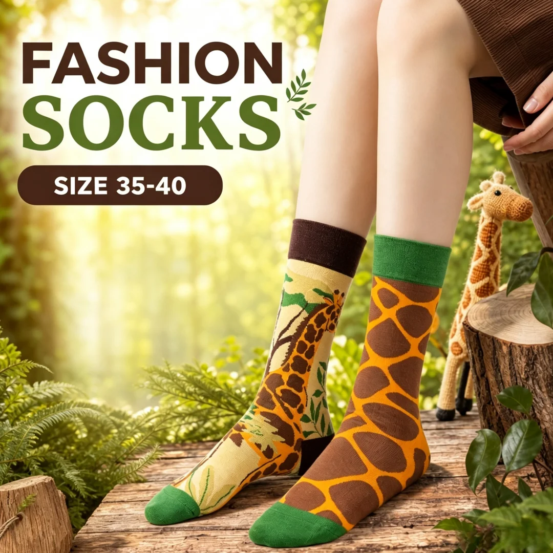 1 pair of asymmetrical giraffe-print socks for men and women, size 35–40