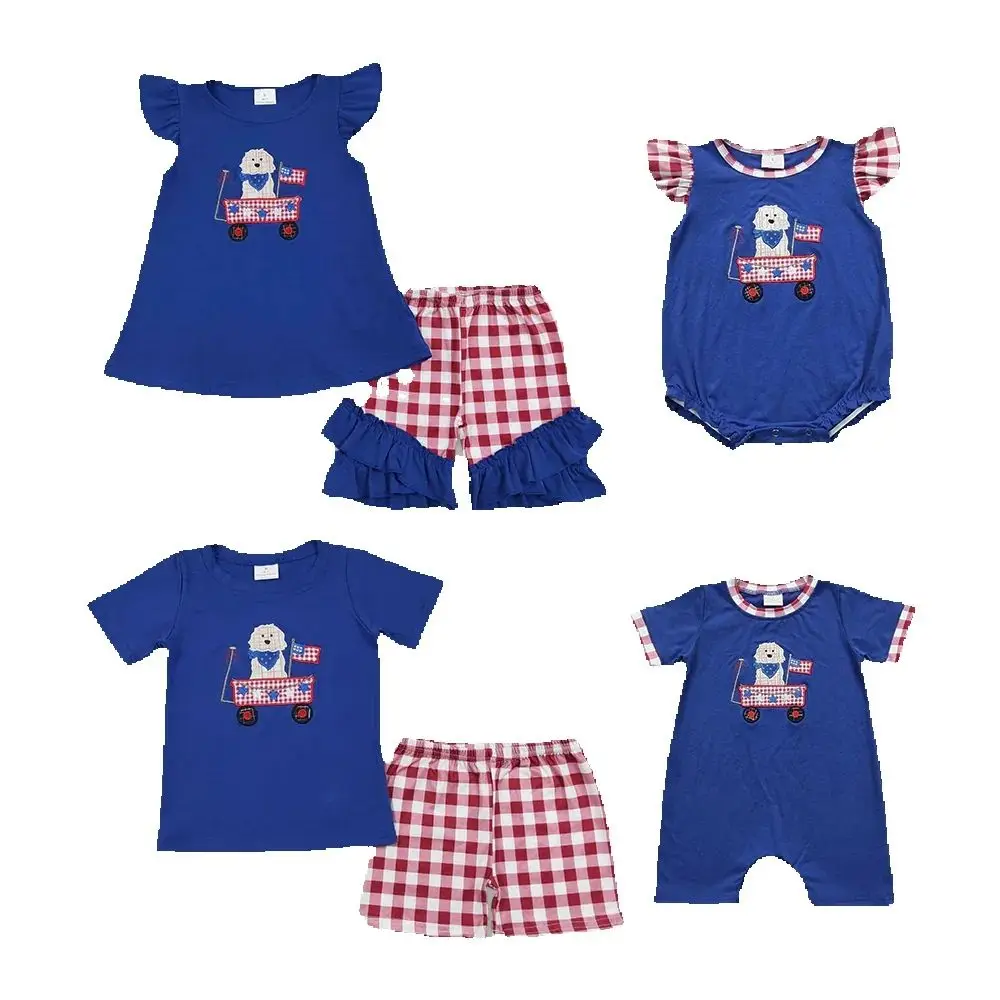 Baby Girls July 4th Dog Flag Sister Brother Rompers Clothes Sets