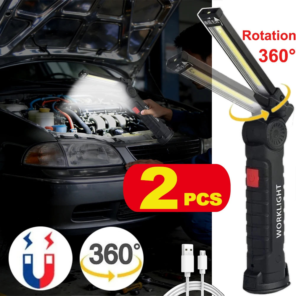 

Folding COB LED Work Light USB Rechargeable Handheld Flashlight Inspection Lamp with Magnetic Hook Portable Emergency Torch