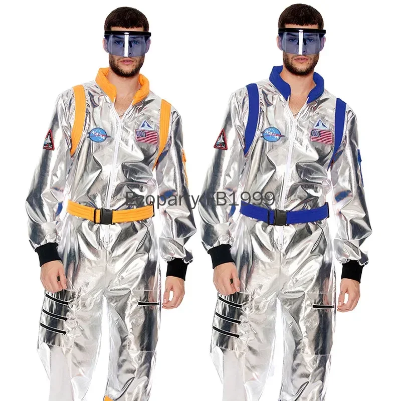 

Adult Silver Spacesuit Uniform Suit Men Women Halloween Carnival Astronaut Cosplay Costume One-Piece Jumpsuits with Glasses Set
