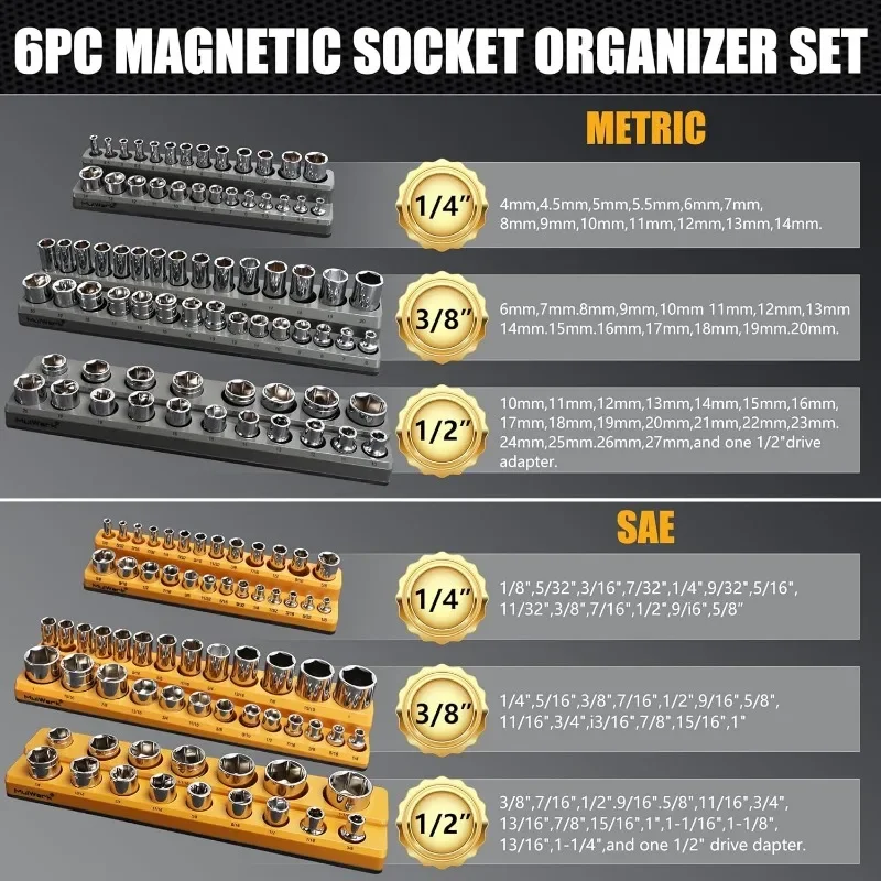 Магнитный органайзер для розеток из 6 предметов — набор держателей для розеток, содержит метрическую метрику SAE 1/4", 3/8", 1/2 дюйма, вмещает 141 шт.