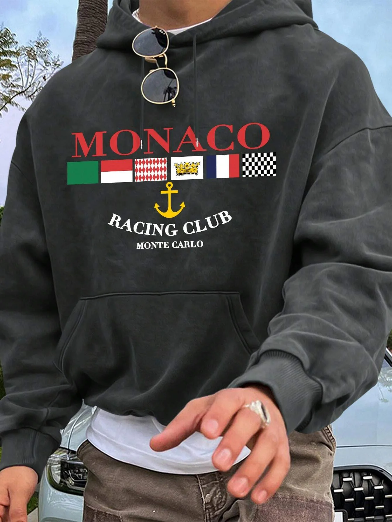 الخريف والشتاء الرجال رمادي غامق طويلة الأكمام رسالة مطبوعة عارضة تنوعا القطن الخالص مقنعين قميص رياضي في الهواء الطلق #1