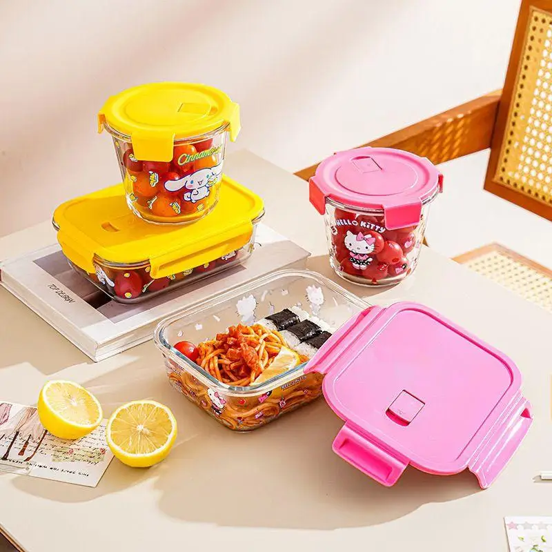 700Ml 1000Ml Sanrio Cartoon Hello Kitty Lunch Box Kuromi Cinnamoroll Kawaii Children Large Capacity Glass Bento Box Soup Bowl