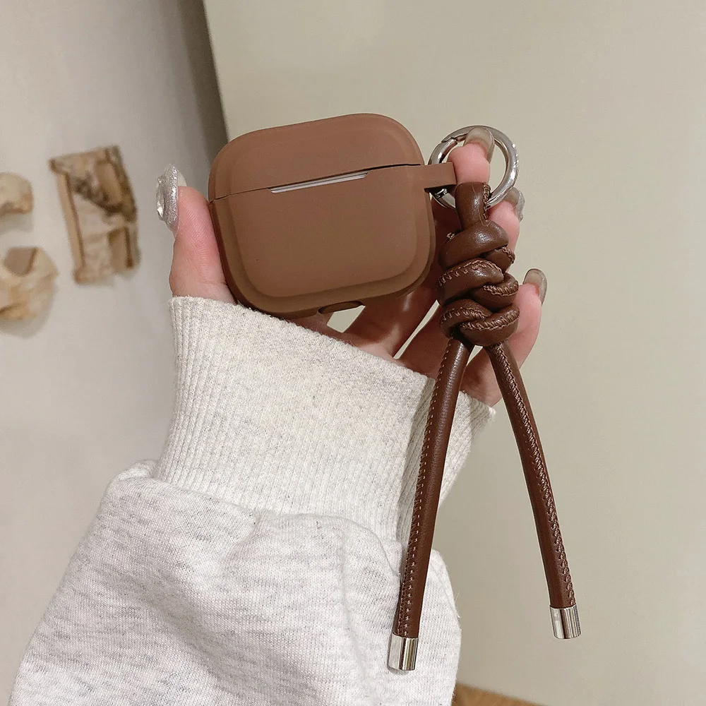 caramel milk tea colour square silicone earphone case for airpods 4 leather woven rope keychain for airpods 1 2 3 pro 2nd coque