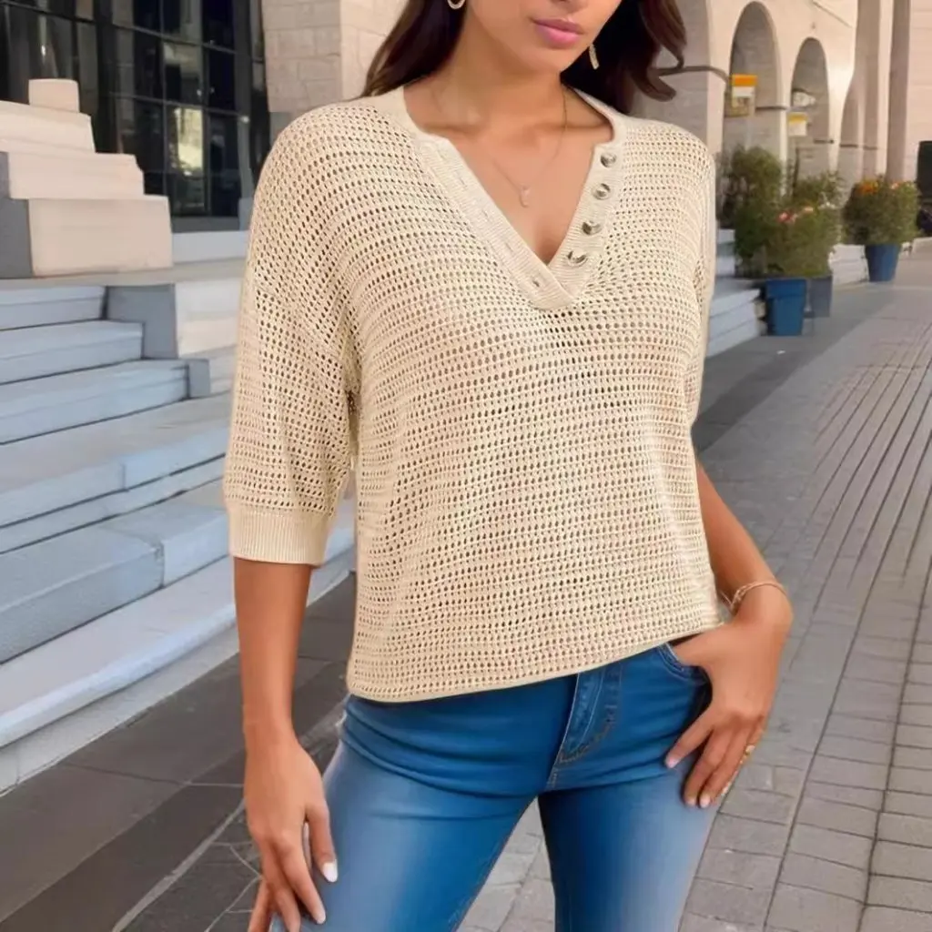 

Casual V Neck Cut out Knitwear Short-Sleeved Pullover Spring Summer Fashion for Women European American Style New Arrival