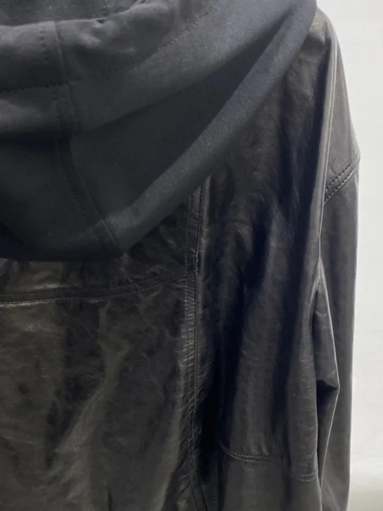 Freizeit-Stil Damen mit Kapuze, einfarbig, echtes Leder, Jacke, lockerer Reißverschluss, handgefertigt, lange Ärmel, Schaffell-Baseball-Oberbekleidung