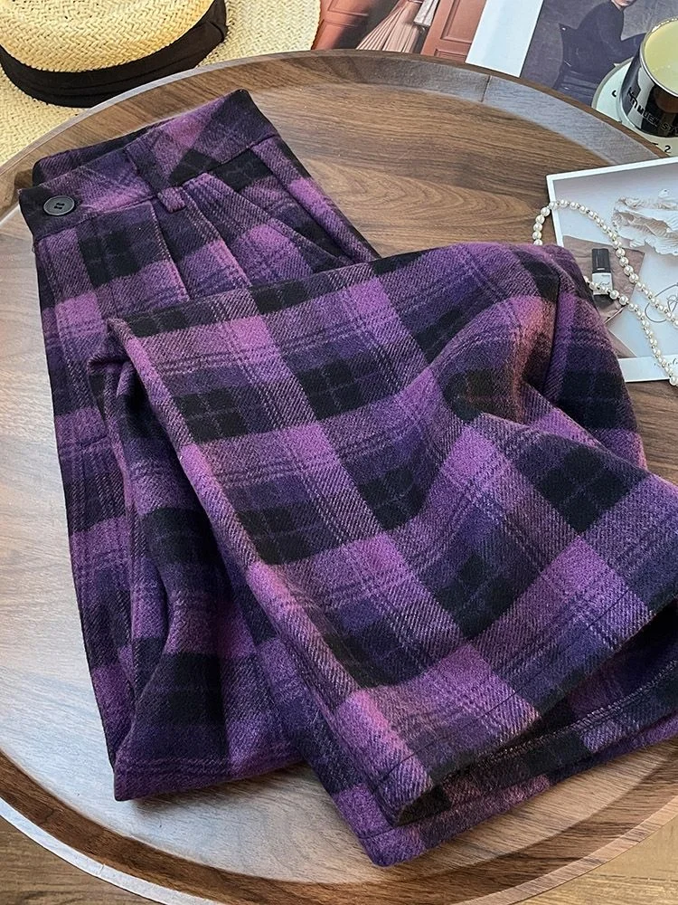 

Y2K Harajuku Hot Girl High Waist Straight Tube Purple Checkered Casual Pants Autumn/Winter American woman's Loose Wide Leg Pants