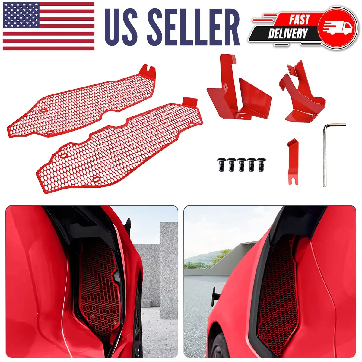 

2pcs Side Intake Mesh Grille Inser Red Exterior Protection Aluminum For Corvette C8 2020 2021 2022 2023 2024 2025 Z51 Stingray