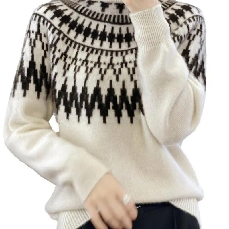 Vintage Turtleneck Fair Isle Pullover Damski luźny, wyściełany żakardowy sweter z długim rękawem, dzianinowy top