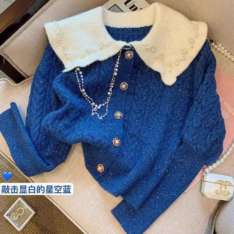 Women Sweater Knit Cardigan Femme Sweater Blue Casual Loose Sweater Long Sleeve Cardigan Korea Style jumper