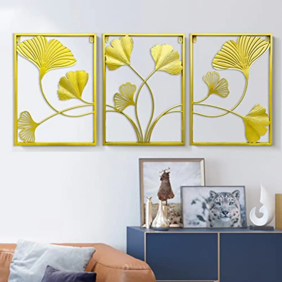 

OIFLLES Gold Metal Wall Art Set of 3 Golden Leaf Wall Hanging Decor with Frame Interior Decoration Housewarming Gift Gold Home