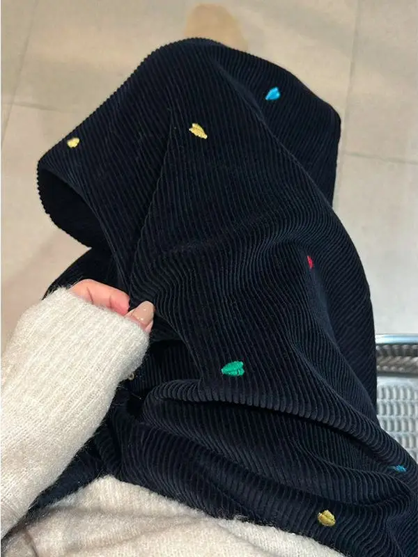 

Thickened Casual Pants Women's Winter Corduroy Straight Leg Embroidered Comfortable Lazy Color Love Heart Pants