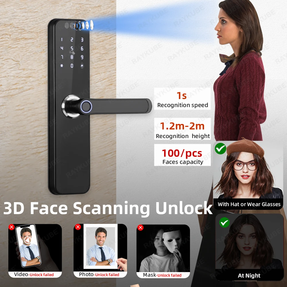 RAYKUBE K12 Tuya WiFi Camera Electronic Lock 3D Face Recognition Fingerprint Smart Door Lock With Screen Rechargeable Battery