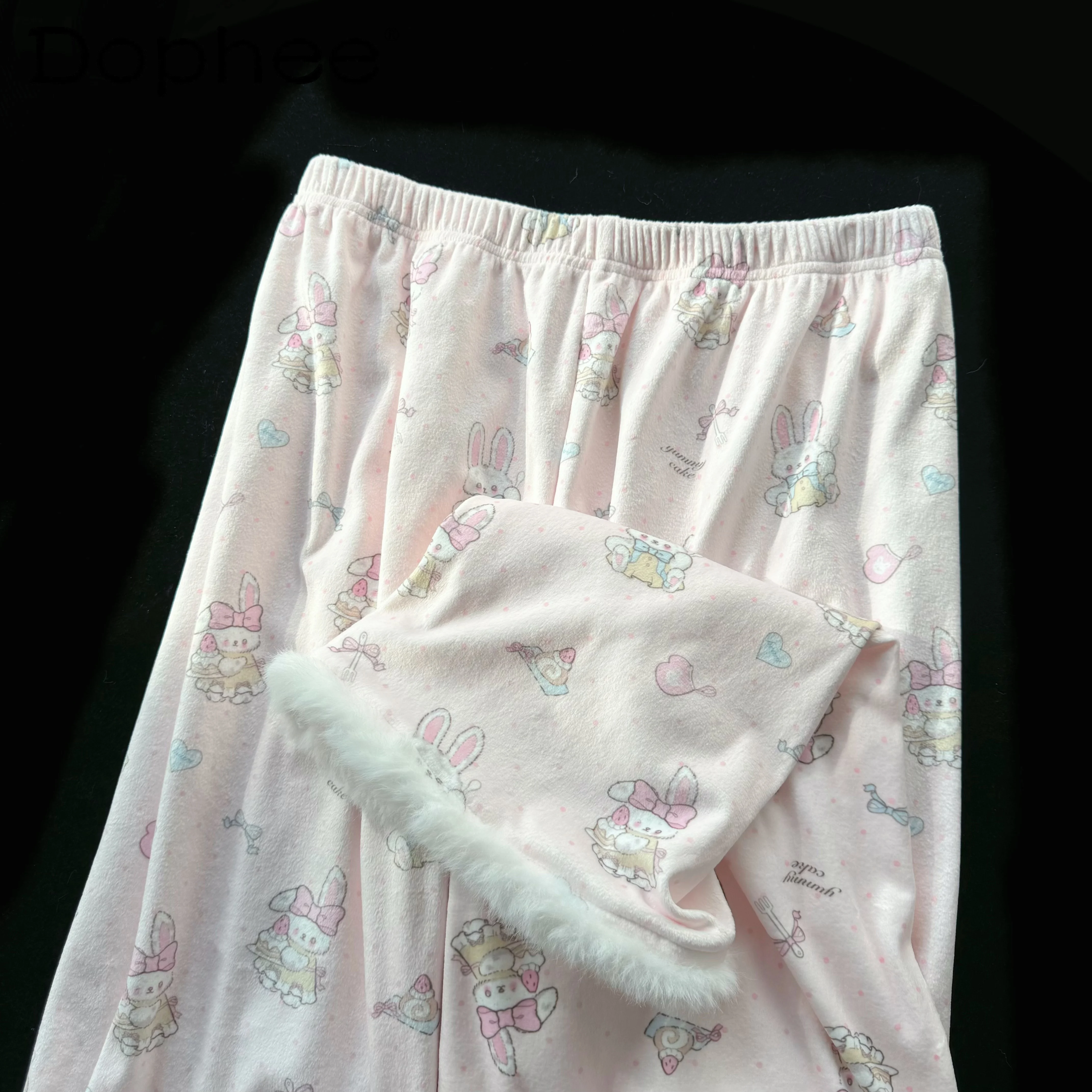 Autumn Winter New Plush Long-sleeved Pink Pajamas Kawaii Girl Outdoor with Chest Pad Cartoon Sweet  Comfortable Loungewear Set