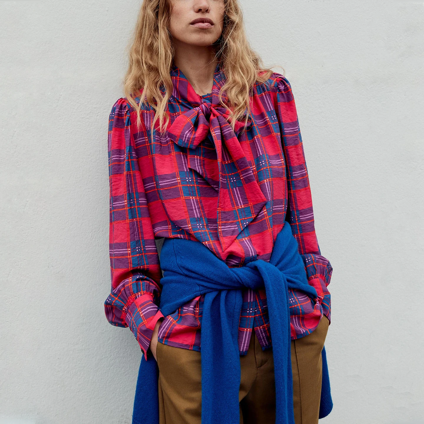 Women's Casual Style Long Sleeve Shirt Stand Collar  Knot Plaid Loose Fit Autumn Fashion 2026 ZADATA Chinese Origin