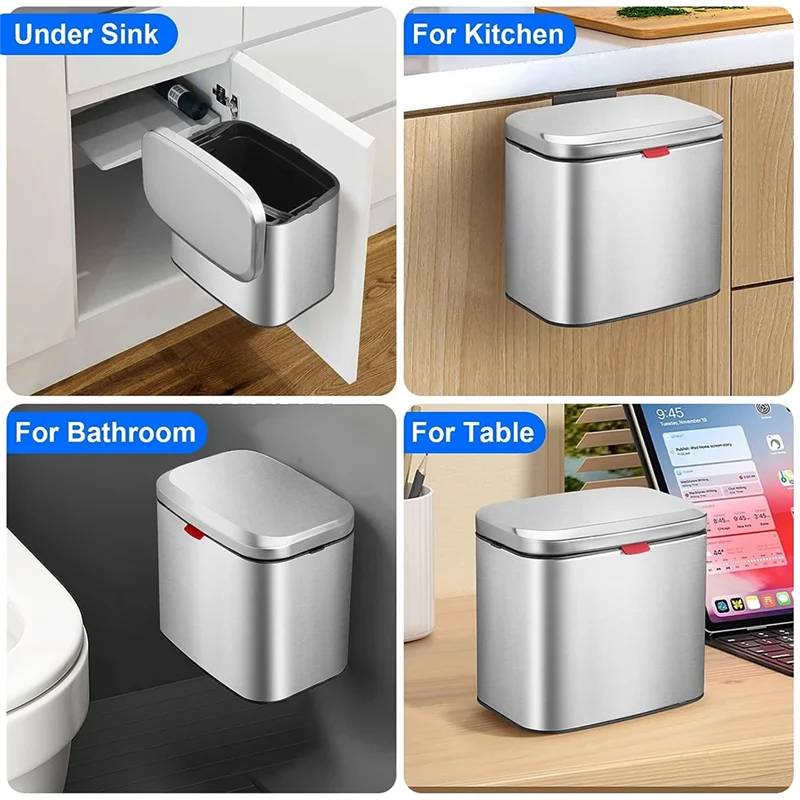 

RANA Hanging Stainless Steel Compost Bin 1.05 Gallon Wall Mounted Trash Can with Lid, Kitchen Cabinet Door Sink Garbage Can
