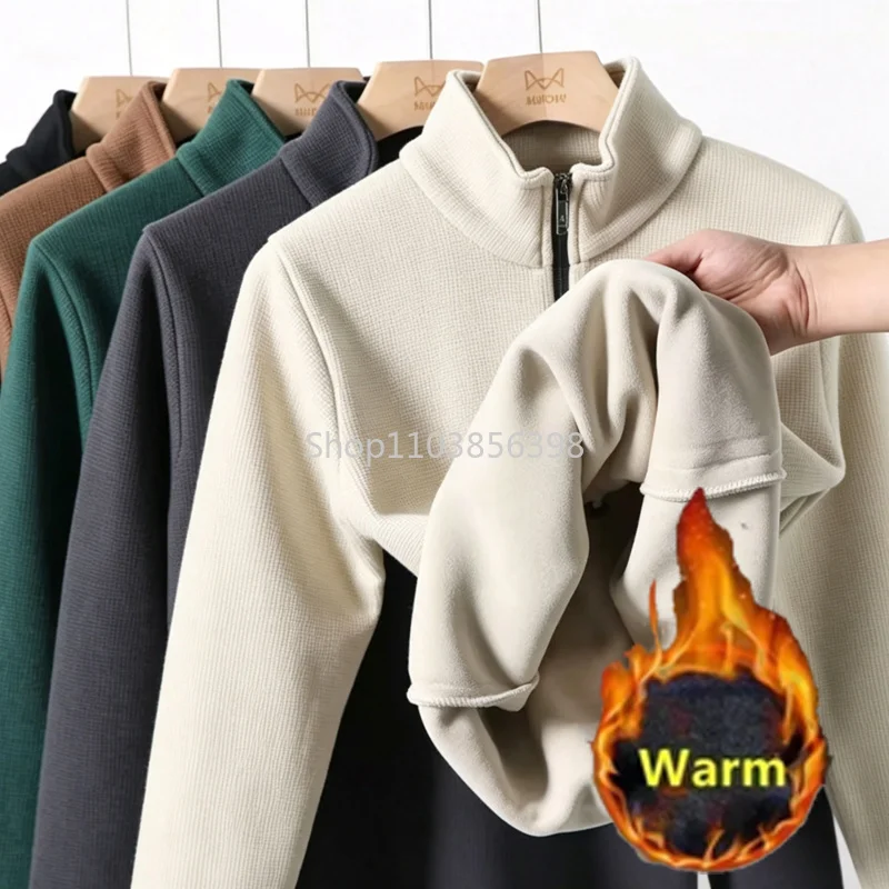 Sweat-shirt d'hiver et d'automne pour hommes, manches longues, doublé en polaire, chaud, uni, avec fermeture éclair 1/4, épais, vêtement d'extérieur pour hommes.