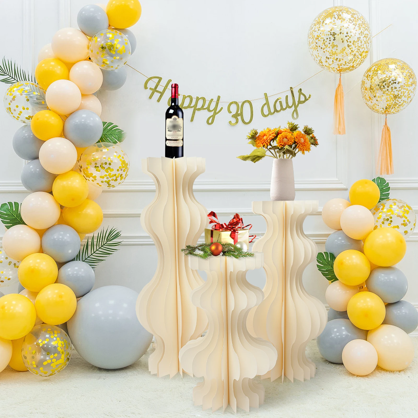 3PCS Curved Wedding Party Flower Stand Cylinder Foldable Cardboard Centerpiece Dessert Table Column Display Stand 60+80+100cm