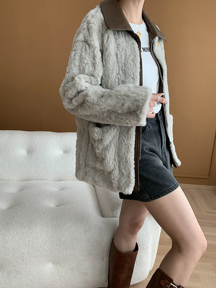 [EAM] Gray Leather Collar Big Size Faux Fur Jacket New Lapel Long Sleeve Women Coat Fashion Tide Autumn Winter 2024 1DH6744