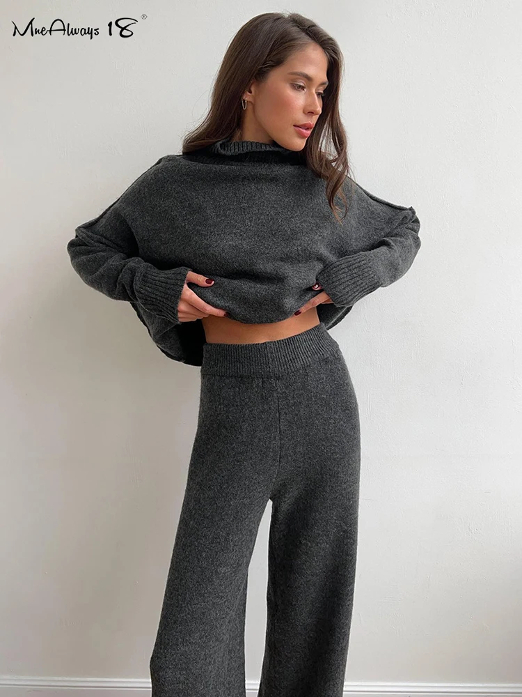 Mnealways18 Elegant 2-Piece Sets Women Knitted Sweater Outfits Wide Legs Pants Office Ladies Autumn Winter 2024 Solid Tracksuit