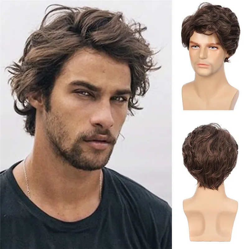 Mens Brown Short Wavy Synthetic Wig Shaggy Style Layered Cosplay Daily Male Wig Heat Resistant Fiber