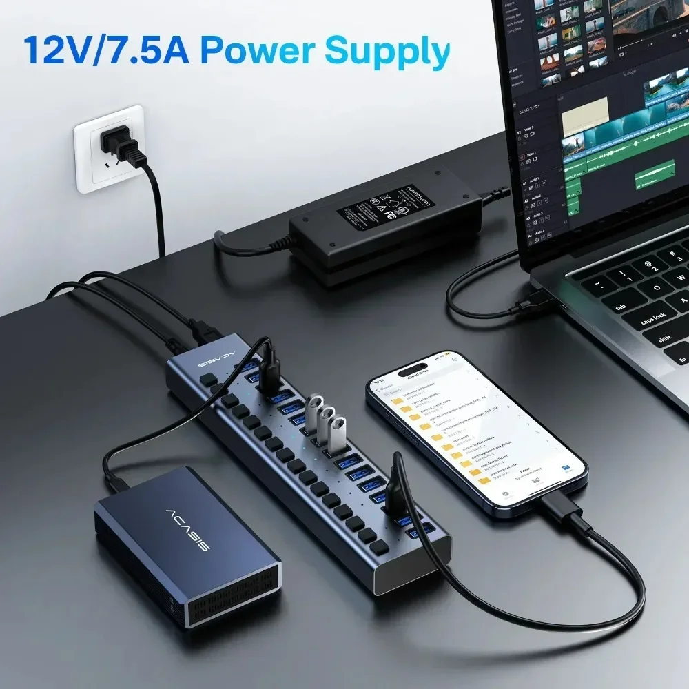 Acasis 10Gbps USB 3.1 Hub 16 Ports Splitter Aluminum Powered USB Hub For Pc Laptop Macbook Pro Steam Deck Data Transfer Charging