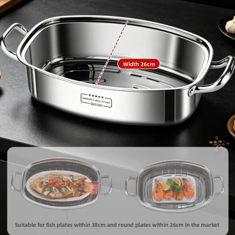 304 Stainless Steel Fish Steamer Pot Large Capacity Rectangular Cooking Pan with Steam Rack Glass Lid for Home Kitchen 찜솥 view 6