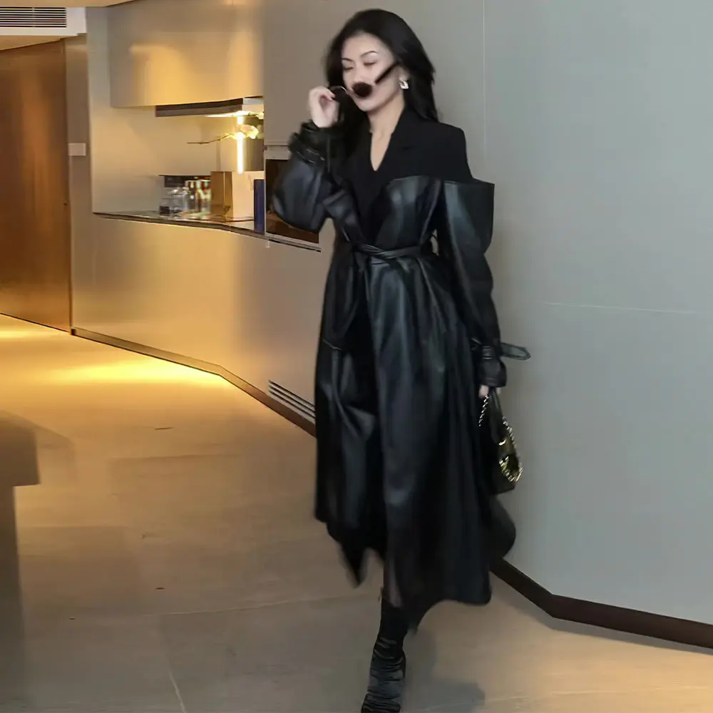 Fashion Patchwork Pu Leather Coat Women Autumn Winter Black Leather Trench Coat Strap Belt Lapel Windbreaker Faux Leather Jacket