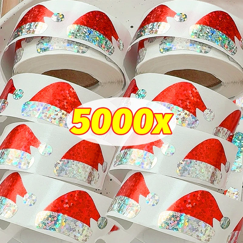 

5000/500pcs Self-Adhesive Red Christmas Hat Stickers for Scrapbooking Card Gift Packaging Sealing Sticker with Glittering Decor