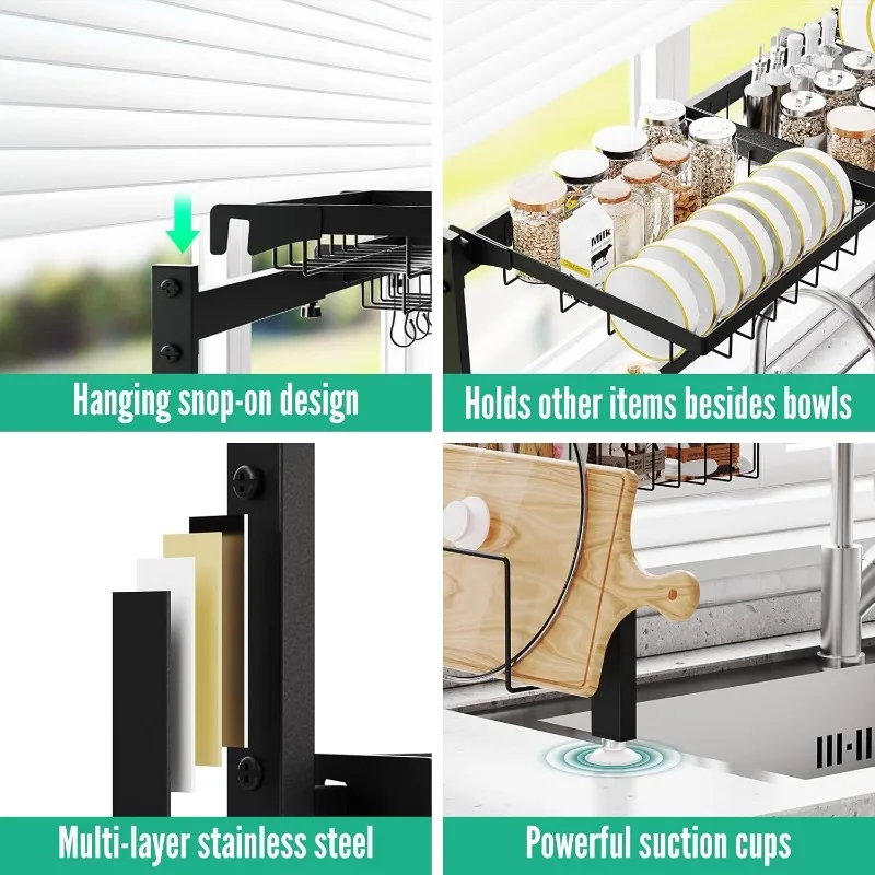 Over The Sink Dish Drying Rack Adjustable (Length and Height) Large Dish Rack, 2-Tier 4 Baskets Stainless Steel Dish Drainers