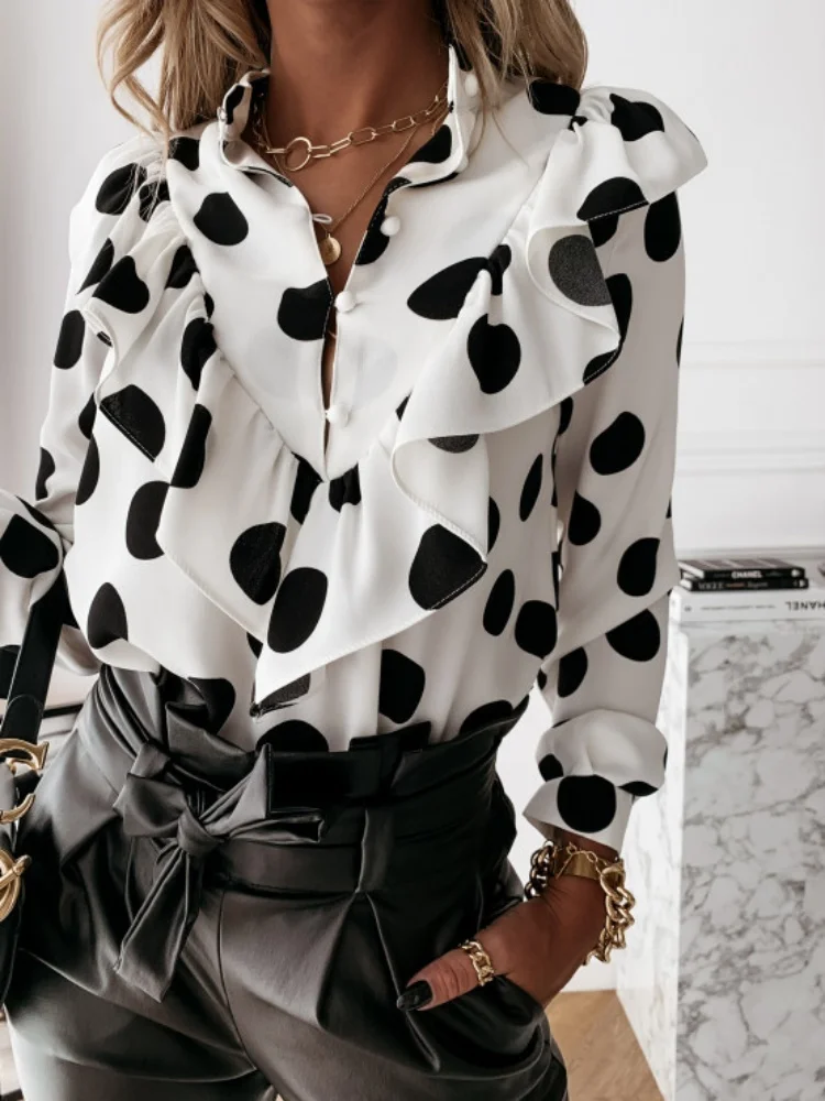 

2025 Office Lady Elegant Ruffles Women Shirt Fashion New Vintage Long Sleeve Blouses Cacual Loose Top Polka Dot Chiffon Clothing