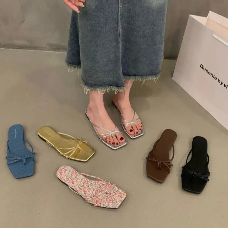 Women Thin Strap Square Toe Flip Flops Flat Comfort Soft Sole Summer Beach Vacation Outdoor Walking Casual Slip On Trip Footwear