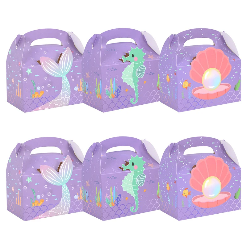 6Pcs Meerjungfrau Schwanz Papier Geschenk Box Süßigkeiten Cookie Snack Verpackung Boxen Kinder Kleine Meerjungfrau Thema Geburtstag Party Dekoration Lieferungen