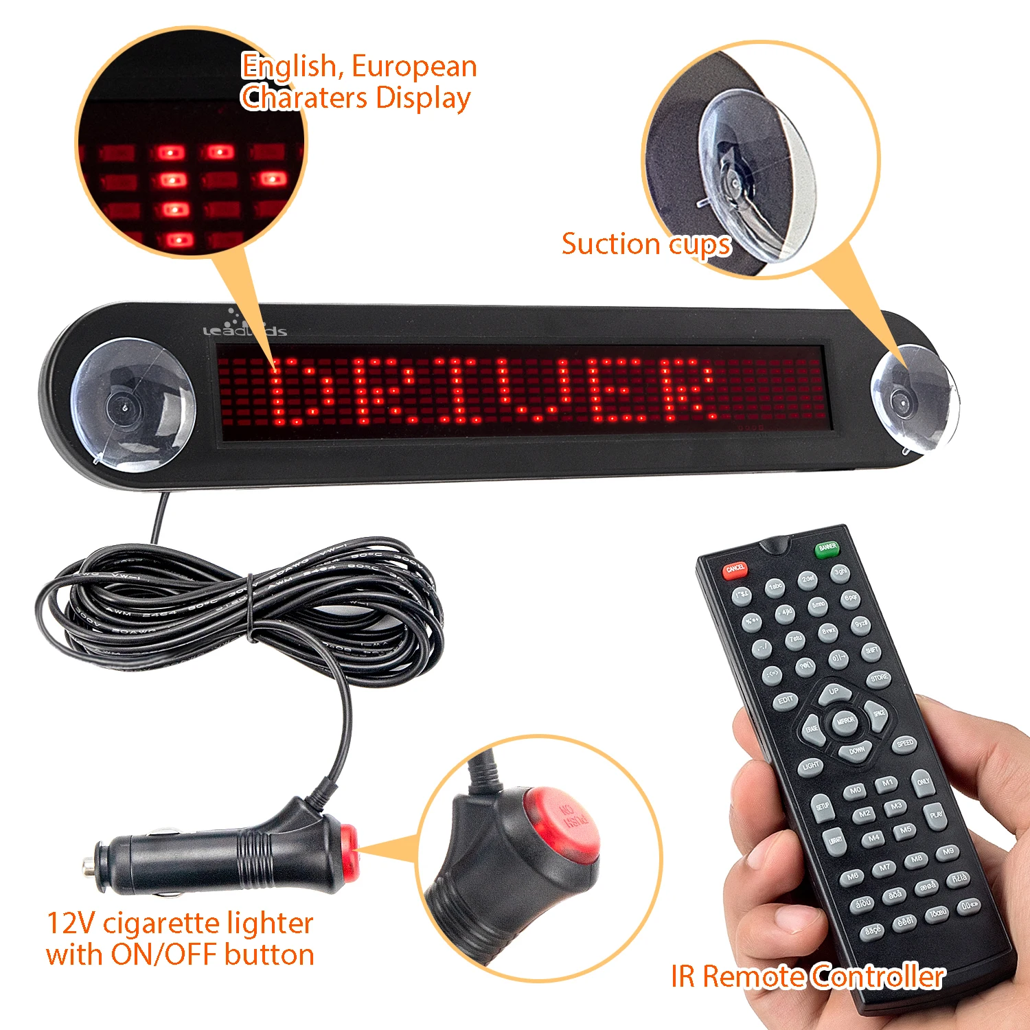 12V Car LED Sign Display with Power Switch Remote Control Programmable Scrolling Message Board for Car Led Display Red 30CM