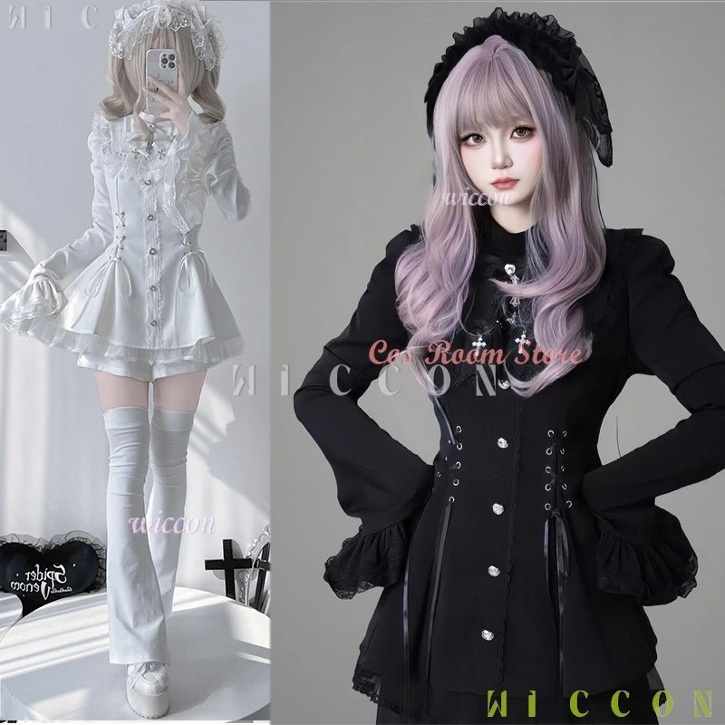فانتازيا الهالوين جديد جيراي كي الزي لوليتا الفتيات بلوزة فستان السراويل النساء Kawii القوس الأسود Disfraz De Mujer