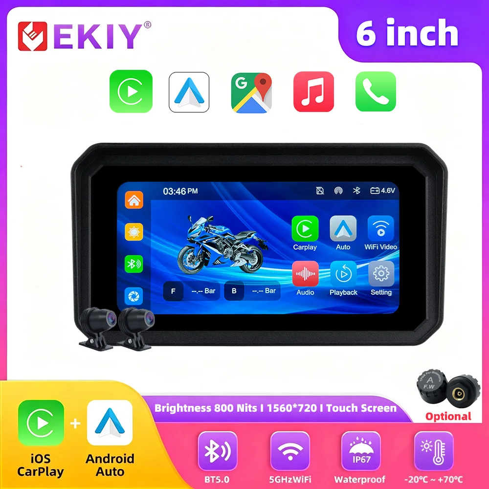 EKIY 6 inch  Motorcycle Wireless  Carplay Android Auto Motor Monitor DVR Display Screen for GPS Navigation Portable Screen TPMS