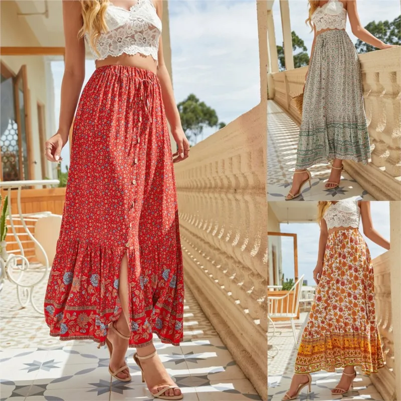 Women's Vintage Floral Skirt Summer Fall Bohemian Cotton-breasted Slit Pastoral Vacation Midi Casual Half Skirts For Women New
