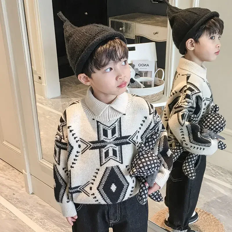 

Autumn Winter Thick Keep Warm Print Boy's Sweaters Long Sleeve Knitting Pullover Fashion Trend Kids Tops Y2K Children's Clothing