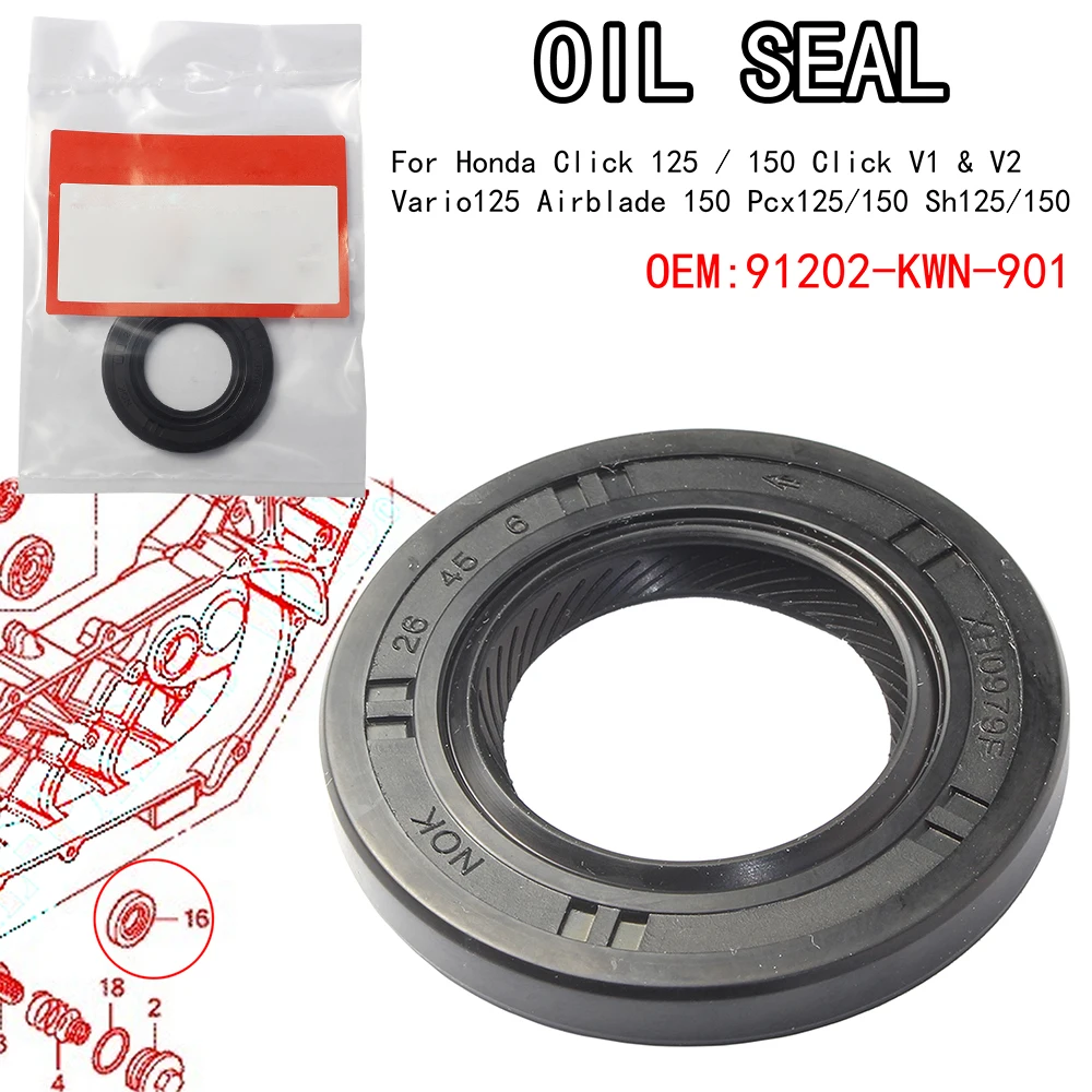 Left Crankcase Oil Seal 26X45X6 For Click 125/150/Click V1&V2/Vario 125/Airblade 150/Pcx125/150/Sh125/150 OEM 91202-KWN-901