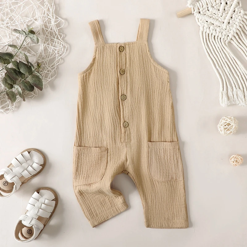 

Toddler Girls Boys Romper Solid Color Pocket Buttons Straps Sleeveless Jumpsuits Summer Casual Clothes Bodysuits Overalls