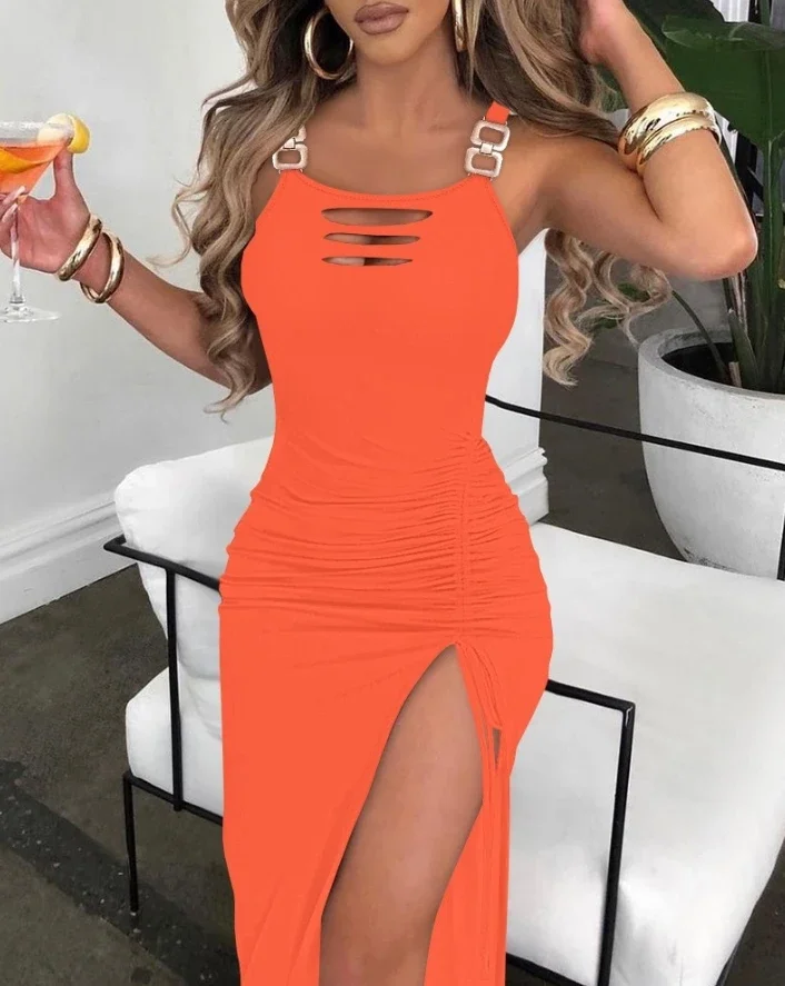 Sleeveless Summer Dress Women Bodycon 2024 New Ladder Cutout Slit Buckled Dresses Fashion Short Skirt for Female Streetwear