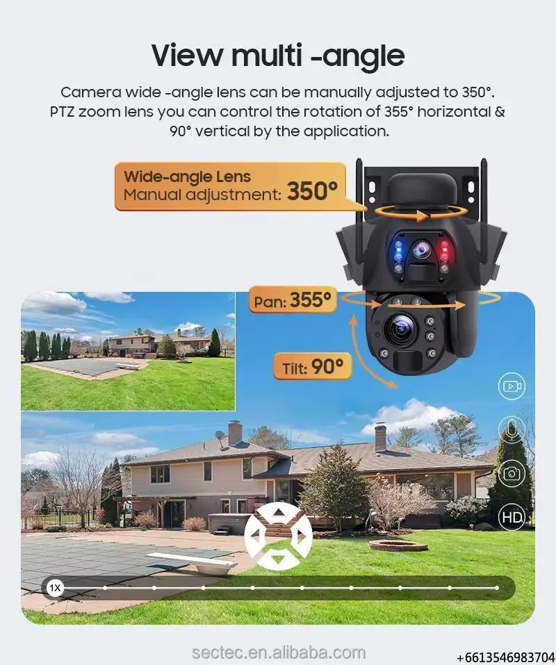 

HIEASY CCTV 4 Lenses 10xZoom 4G LTE Cellular Security Outdoor Wireless Solar Camera PTZ Surveillance Video with Solar Panel