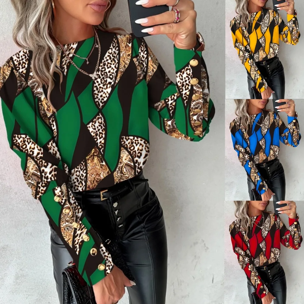 Women Print Shirts Full Sleeve Splice Tops Round Neck Straight Thick T Shirt Button Elegant Ladies Autumn 2024 Reguhlar Fit