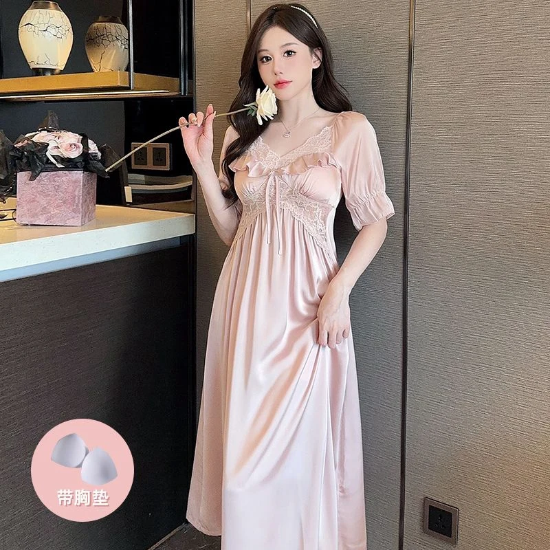 

2025 Summer Short Sleeve Sexy Lace V-neck Lingerie Silk Satin Nightgowns for Women Sleepwear Night Dress Nightdress Home Nighty