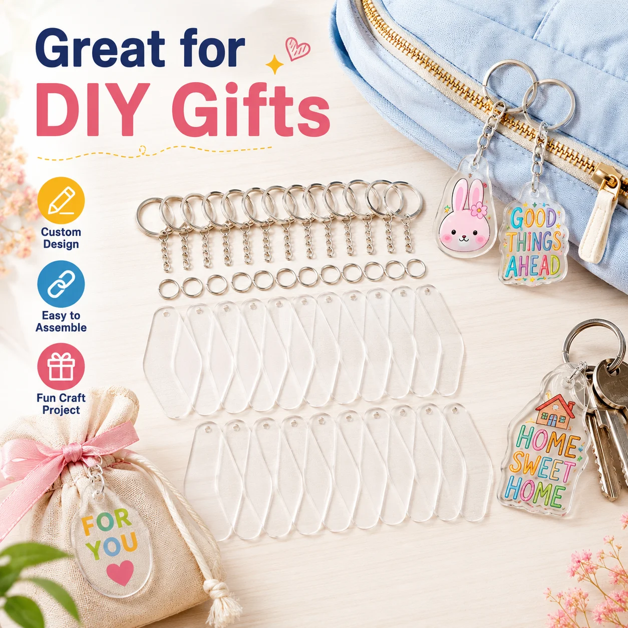 30sets Keychain Key Tag Blank Acrylic DIY Identification Label Key Ring for Gym Hotel Sauna Hanging Tag Keychain Blanks