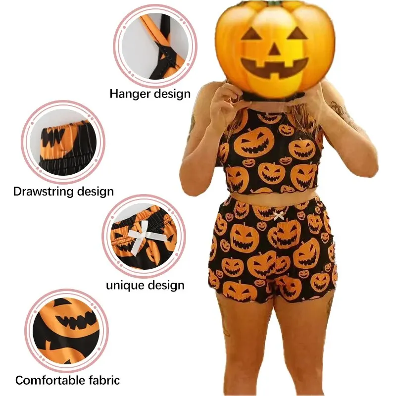 Halloween Pumpkin Print Pajama Set Spooky Pumpkin Head Print Round Neck Camisole Top and Pumpkin Lettuce Side Shorts Homewear Pa