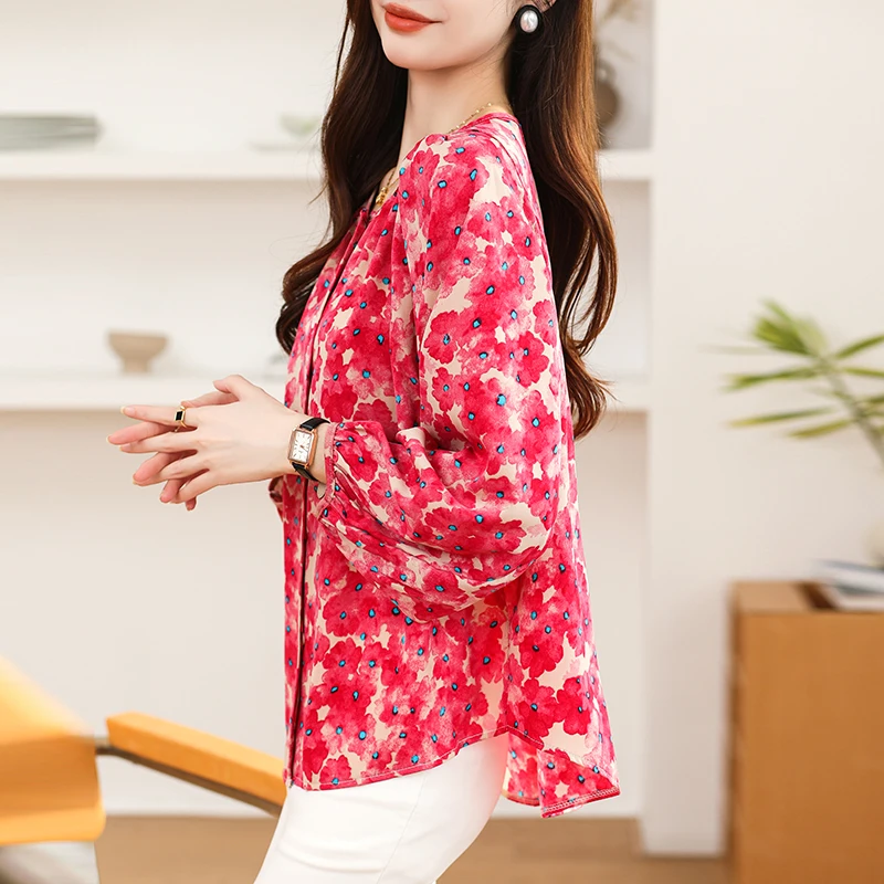 Women Spring Korean Simplicity Office Lady Loose Printing O-neck Long Sleeve Shirts Women Clothes Casual All-match Trend Tops